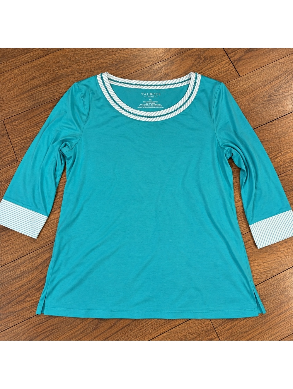 Talbots Petite Medium Blue 3/4 Sleeve Top with Striped Trim